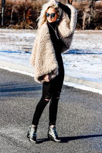 black on black outfit fur coat