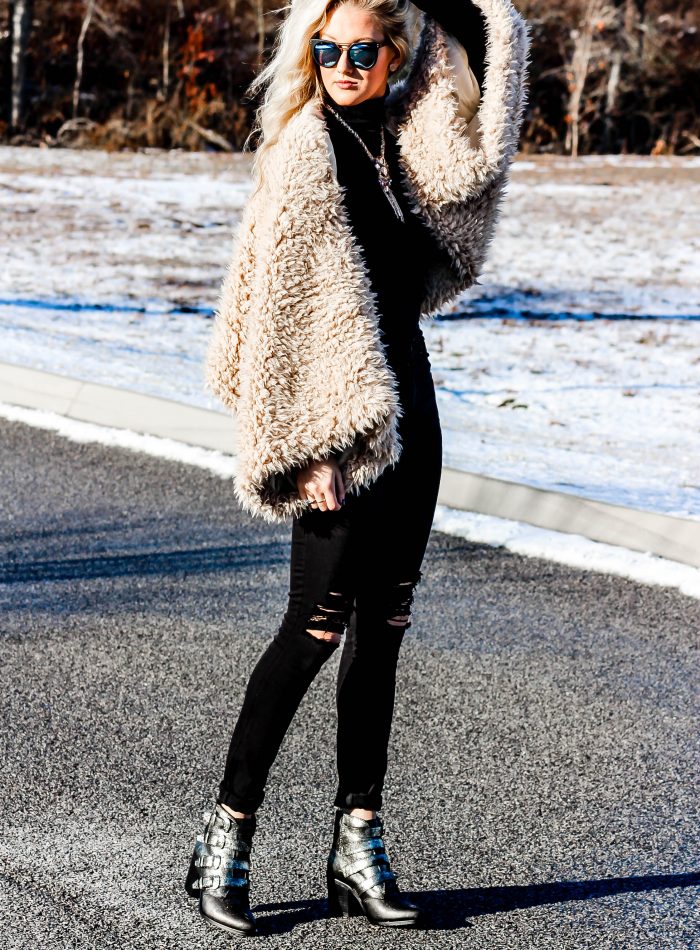 black on black outfit fur coat