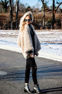 black on black outfit fur coat