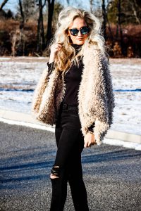 black on black outfit fur coat