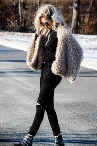black on black outfit fur coat
