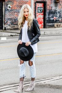 textured tights under jeans with leather jacket