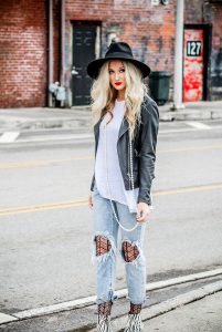 textured tights under jeans with leather jacket