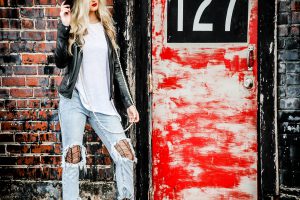 textured tights under jeans with leather jacket