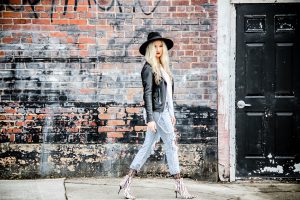 textured tights under jeans with leather jacket
