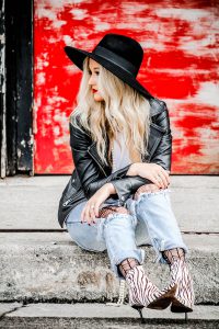 textured tights under jeans with leather jacket