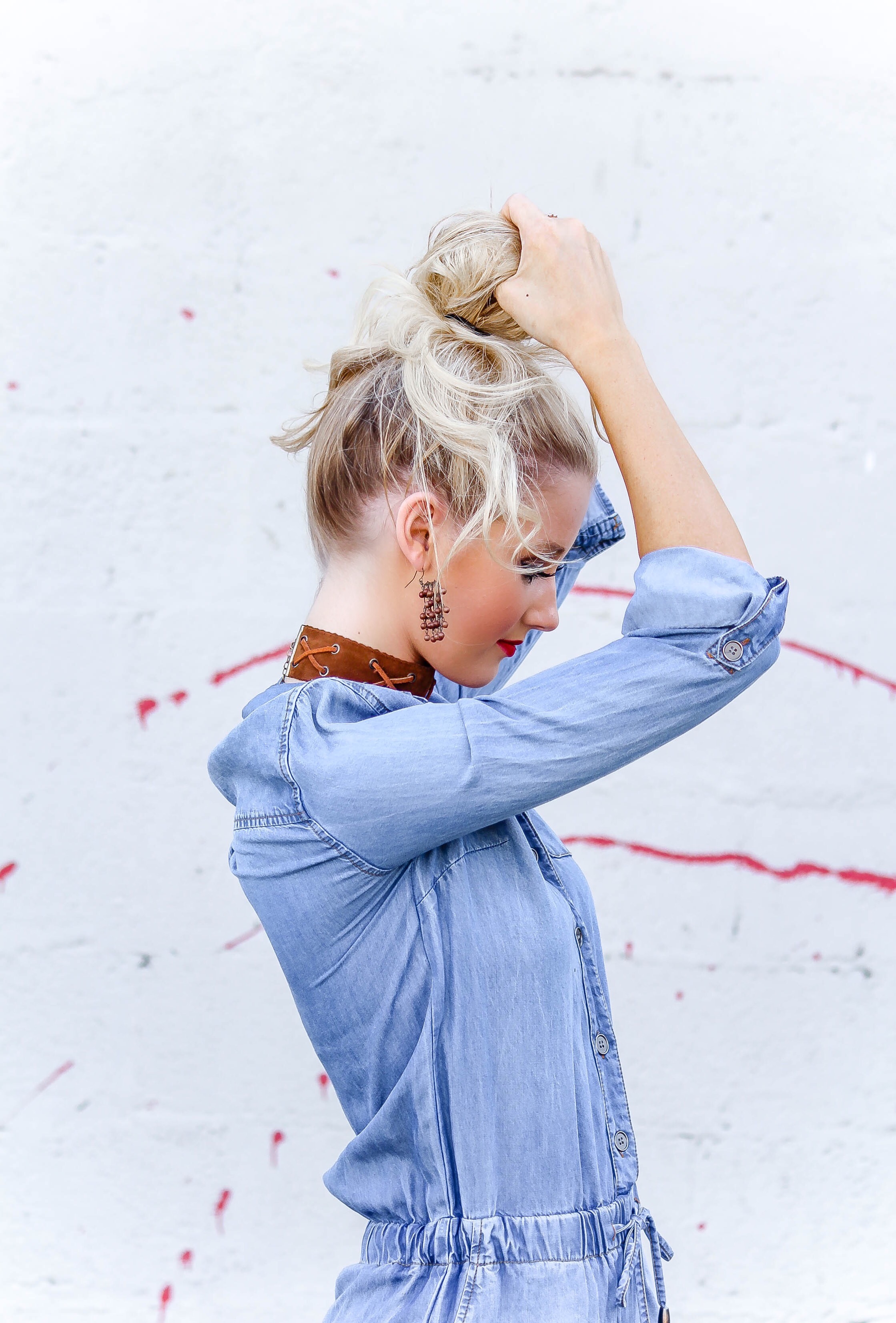 Lightweight Denim Romper and Messy Bun Tutorial | love 'n' labels www.lovenlabels.com