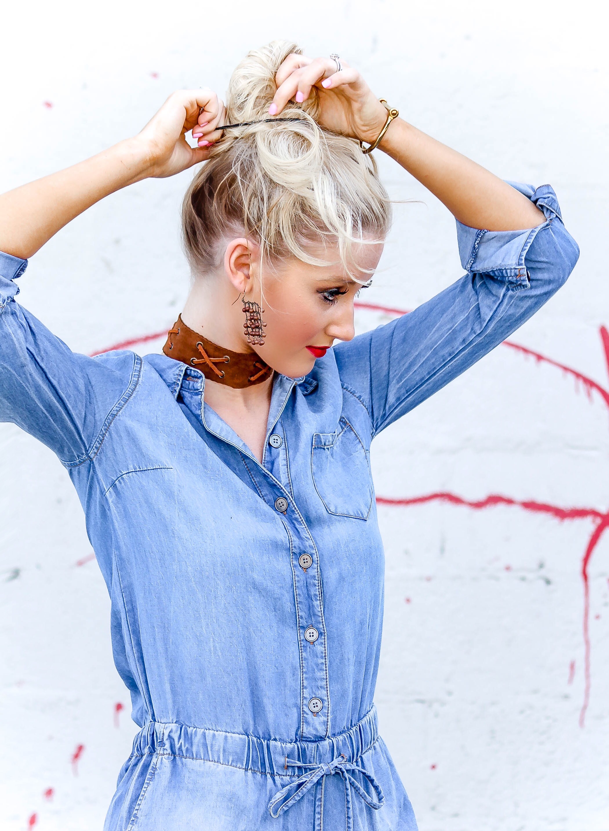 Lightweight Denim Romper and Messy Bun Tutorial | love 'n' labels www.lovenlabels.com