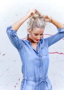 Lightweight Denim Romper and Messy Bun Tutorial | love 'n' labels www.lovenlabels.com