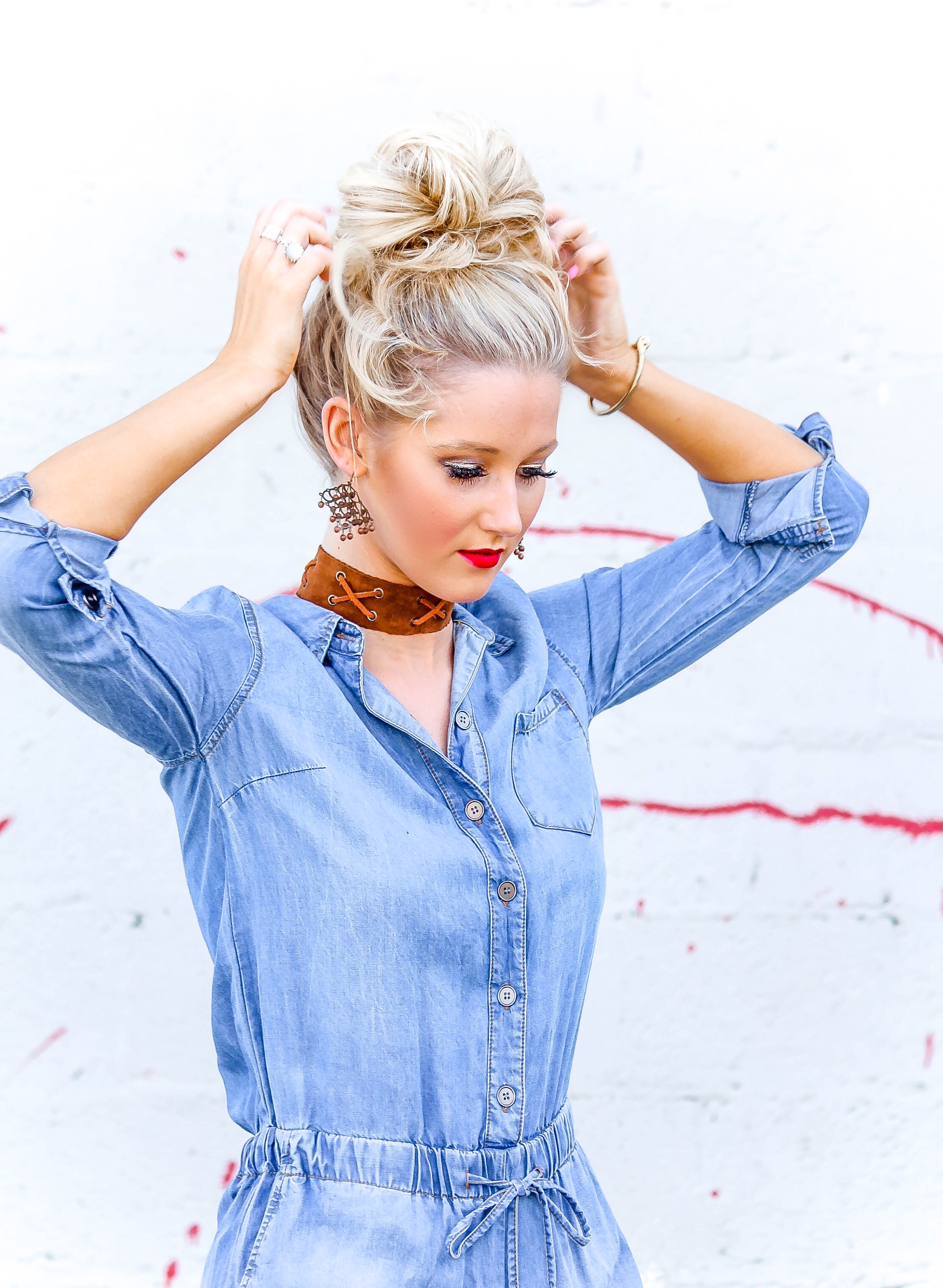 Lightweight Denim Romper and Messy Bun Tutorial | love 'n' labels www.lovenlabels.com