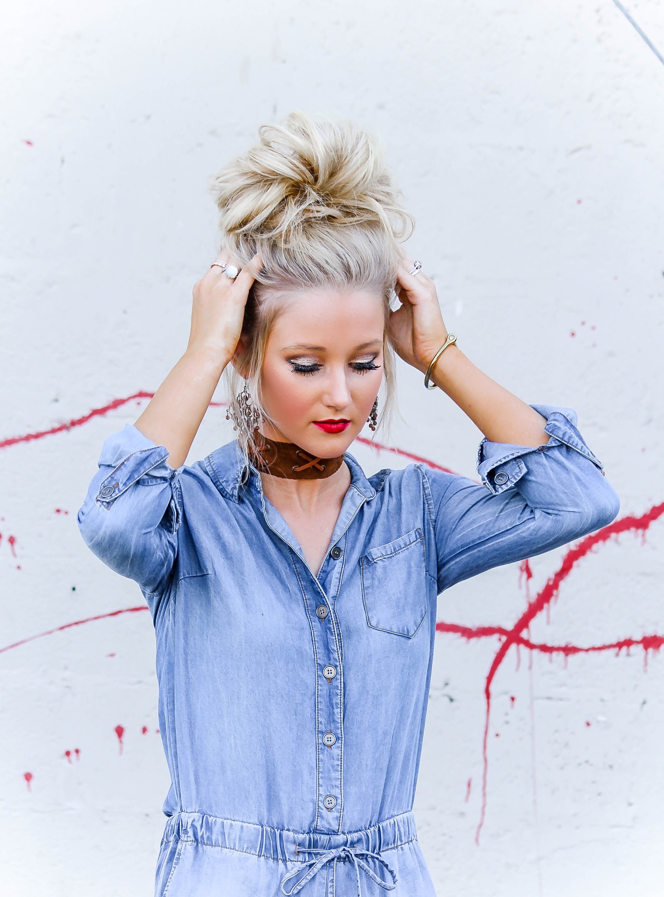 Lightweight Denim Romper and Messy Bun Tutorial | love 'n' labels www.lovenlabels.com