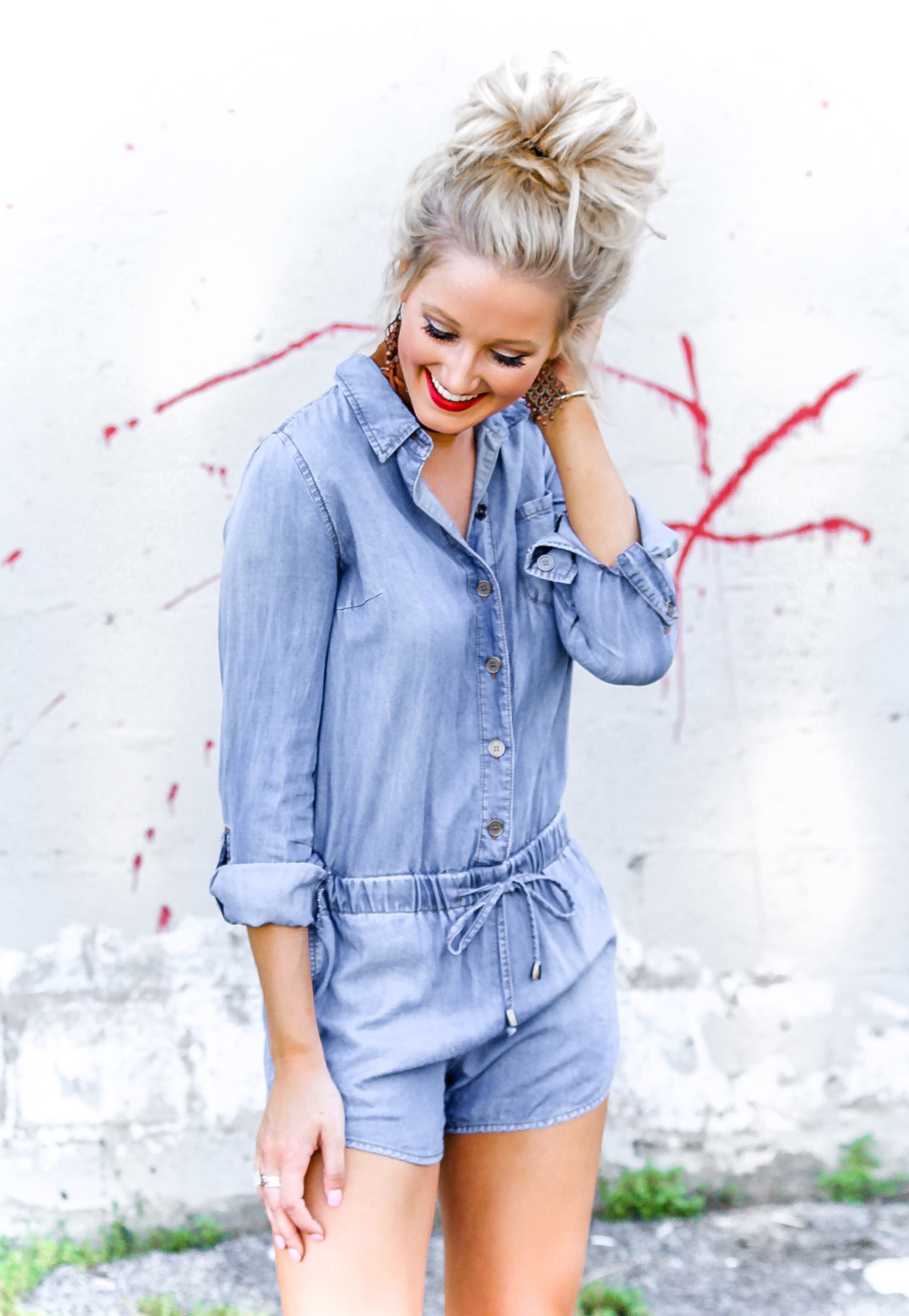 Lightweight Denim Romper and Messy Bun Tutorial | love 'n' labels www.lovenlabels.com